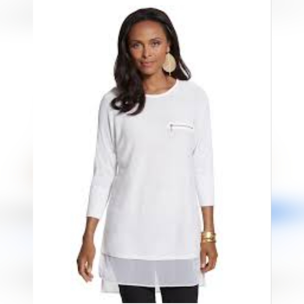 Chico's Tunic Top Layered Look Zipper Pocket 3/4 Sleeve White M Contemporary‎
